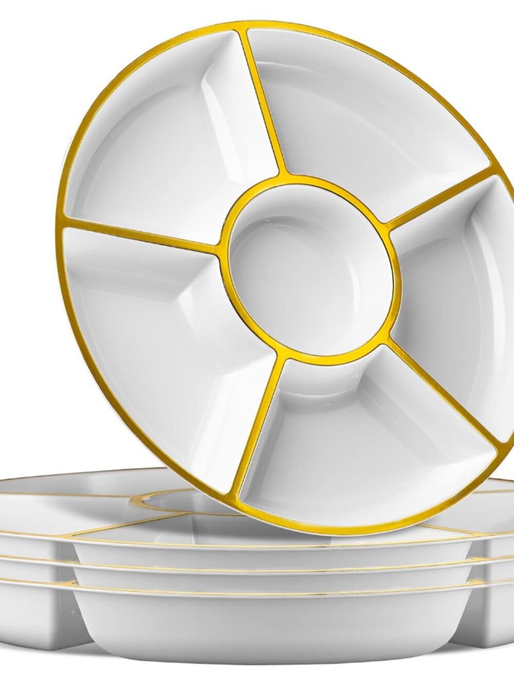 6 Sectional Round Plastic Serving Tray/Platter 2, White & Gold